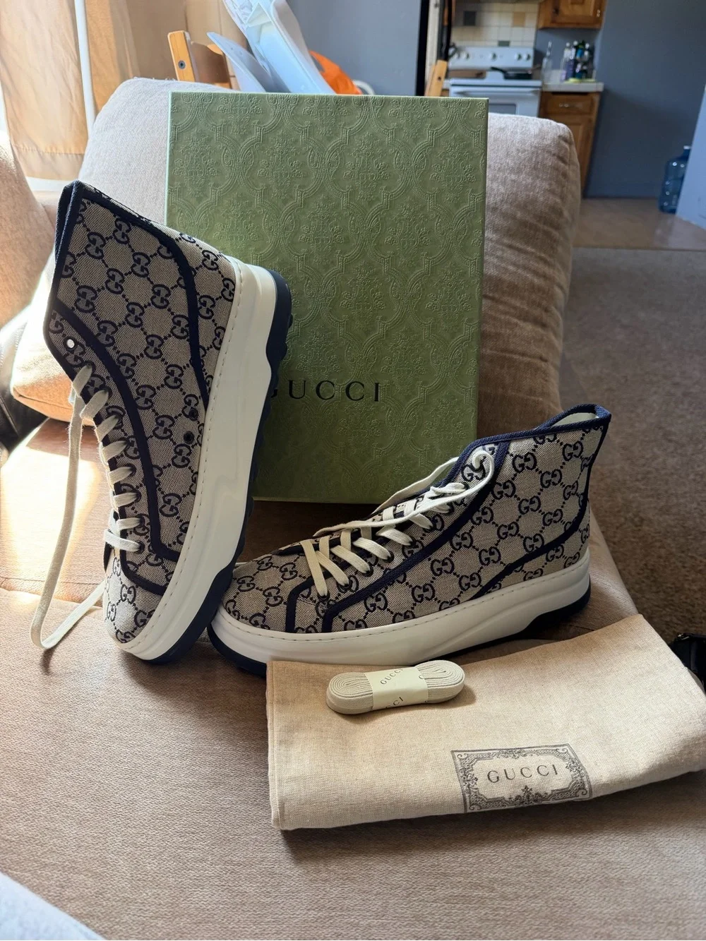 Gucci Beige and Black GG Canvas High-Top Sneakers part of Tennis Club Colab
